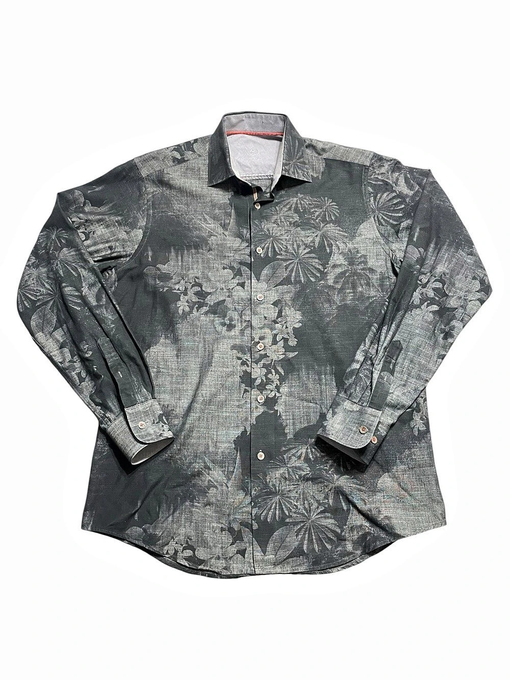 BUGATCHI Uomo Mens XL Cotton Shirt Black Gray Floral Tropical Shaped Fit